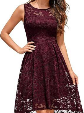 MUADRESS Women's Elegant Floral Lace Dress Sleeveless Cocktail Dress Burgundy Sm